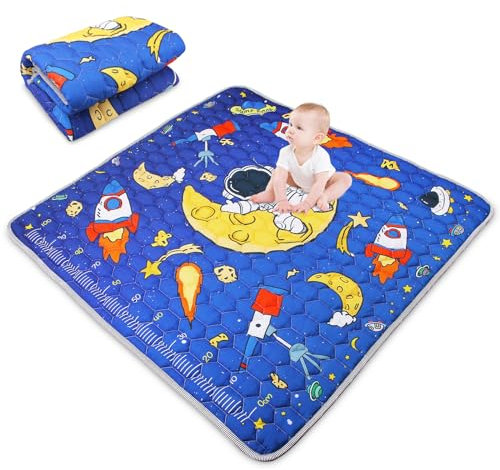 Tapis d'éveil pour bébé 127x127cm, Antidérapant Tapis Rampant Bébé, épais et doux Tapis de Motricité Bébé Pliable, Tapis Eveil Enfants Epais, Applicable à Intérieur/Extérieur/Clôture (Bleu)