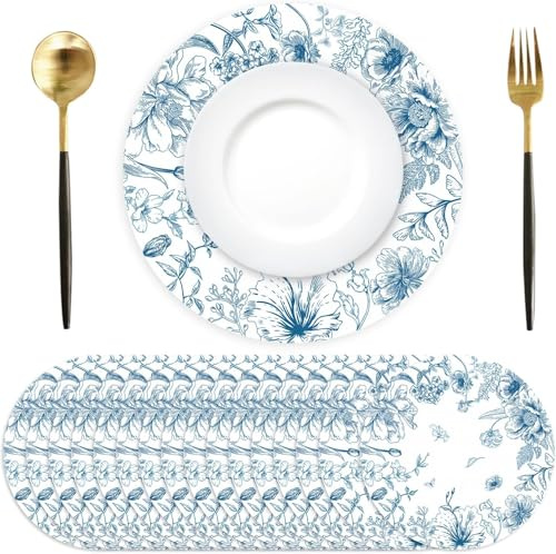 50 Pack Paper Placemats Disposable Blue and White Placemats 13 Inch Vintage Blue Floral Place Mats Decorative Chinoiserie Round Table Mats for Dinner Table Setting Birthday Wedding Party Supplies