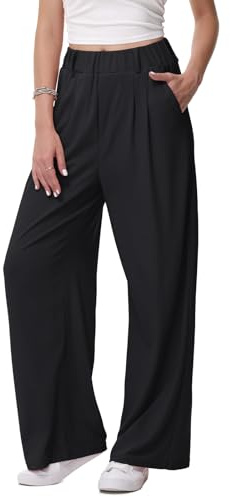 HMIYA Weite Hosen Damen-Bügelfreie Lässig Leichte Stoffhose Locker Palazzo Hose Hohe Taille Sommer Freizeithose mit Tasche,Schwarze,L/34L