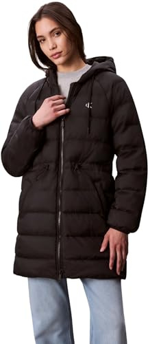 Calvin Klein Abrigo de plumas Mujer Lightweight Logo Mid Length con capucha, Negro (Black), XS
