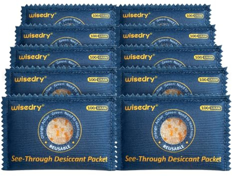 Wisedry genomskinliga kiselgelpaket [10 x 100 g], färgindikerande torkmedelspaket för förvaring, återanvändbar säker avfuktare, värmebeständiga avfuktarpåsar