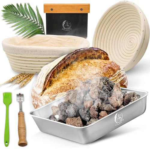 Dampfschüssel Lavastein-Backofen-Set: Perfektes Brot backen mit Wasserdampf – Knuspriges Brot & Gebäck wie vom Profi Bäcker (Silber XXL Set)