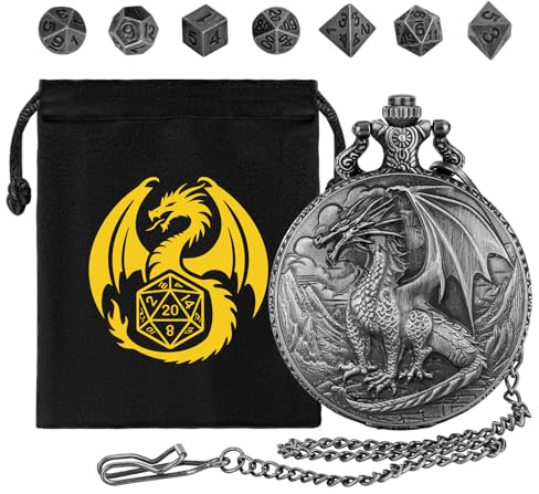 Mini set di dadi DND, con contenitore a forma di orologio da tasca a tema steampunk con drago in piedi, 7 dadi poliedrici in metallo D&D, regali DND con logo del drago, sacchetto regalo, accessori per