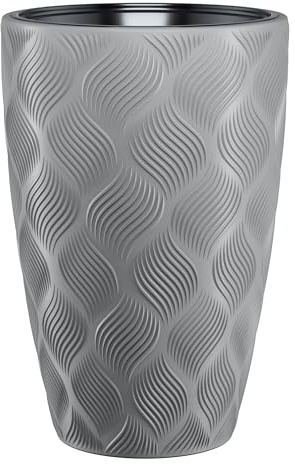 B2C Round Tall Plant Pot, Platinum, H58cm x D38.5cm | Elegant Large Flower, Indoor Outdoor Garden, Wave Plastic Textured, With Insert, 5 Colours Available