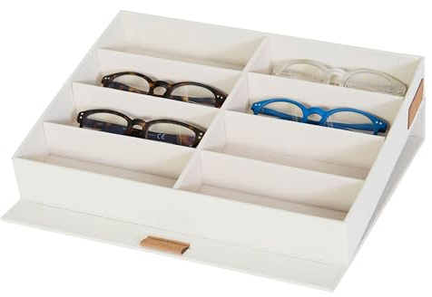 LOVE IT STORE IT Premium glasögonförvaring för 8 glasögon – av linnetyg – glasögonförvaring flera glasögon – förstärkt med trä – beige – 32 x 25 x 5,5 cm