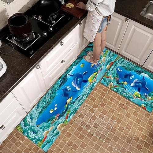 Küchenteppich Blau Grün Waschbar Küchenläufer rutschfest Teppich Flur Teppichläufer Flur,Für Küche, Eingang, Flur, Korridor