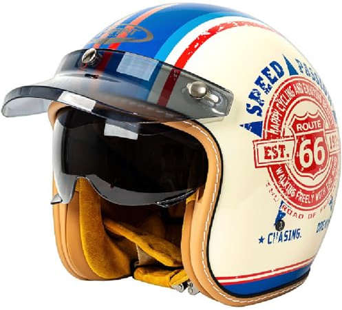 Vintage Motorrad Jet Helm mit Visier, ECE/DOT genehmigt Crash Jet Helm, Motorrad Open Face Helm, für Männer Frauen Road Legal, Retro 3/4 Open Face Design