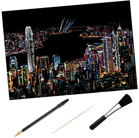 Operitacx Scratch Malerei Zubehör Für Junge Mädchen Stadt Nacht Bild Diy Kratzpapier Mit Bambus Stange Und Stift Pinsel Kit Zum Kratzen