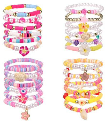 Mikovivi 24pcs Hawaiian Tropical Plumeria Friendship Bracelets, Bohemian Elastic Beaded Bracelets Colorful Y2K Pearl Summer Beach Jewelry for Hawaiian Themed Party Luau Beach Party Favors