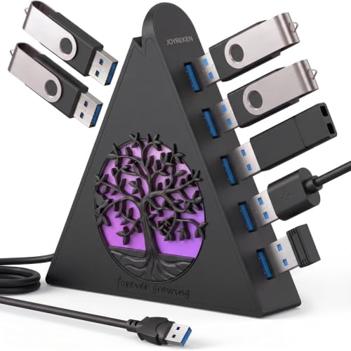 JoyReken 7-Port USB 3.0 Hub, Vertical USB Hub Splitter with RGB Lighting, 5Gbps High-Speed Data Transfer and 2FT Extension Cable, Compatible with Laptop, PC, Desktop, MacBook, PS5, Xbox, Flash Drive