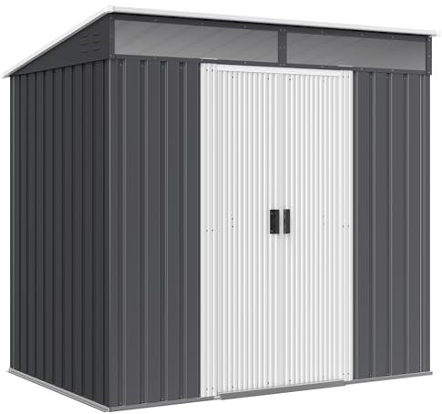 Outsunny 6.5 x 4FT Metal Garden Shed with Foundation Kit, Waterproof Galvanised Steel Tool Storage Shed with Lock, Keys, Double Sliding Doors, Pent Roof, 2 Vents, Grey