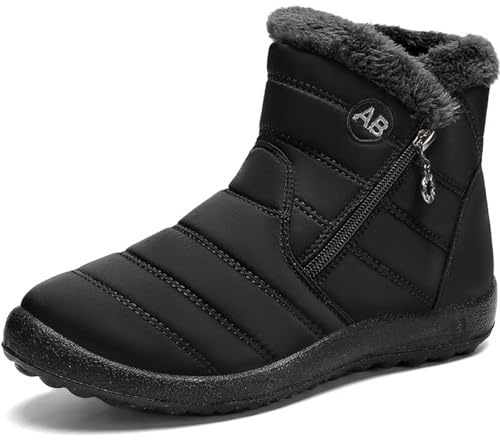 AWZFPC Mens Winter Snow Boots Water-Resistant Ankle Boots Fur Lined Warm Walking Boots Outdoor Anti-Slip Side Zipper Hiking Shoes Fashion Comfortable Mid Calf Shoes All_Black Size 9.5