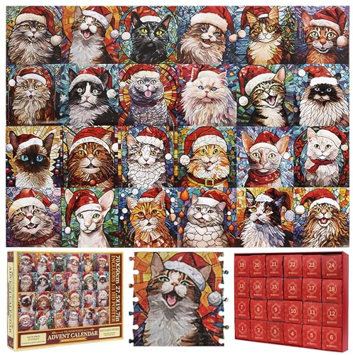 Advent Calendar 2025, Cat Jigsaw Puzzles 1008 Pieces, Cat Advent Calendar, 24 Boxes Christmas Countdown Calendars for Boys Girls, Christmas Puzzle Gift for Kids Adults