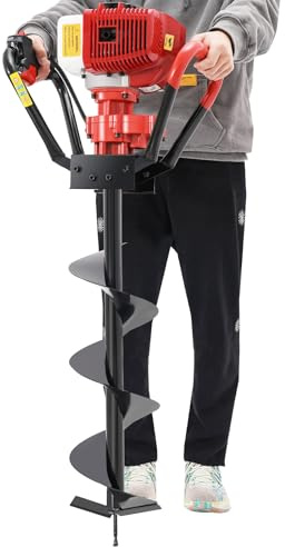 TTISJHK Erdbohrer Benzin 43cc 1.2KW mit 80cm Bohrer, 8 Zoll Manganstahl-Bohrkopf, 2-Takt Motor 8500RPM, 2-Gang Getriebe, Handerdbohrgerät mit Griffen für Zaunpfosten, Garten & Landwirtschaft