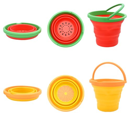 Hyacinthy Faltbarer Strand-Eimer, Silikon-Eimer mit Griff, Obstmuster-Sandkastenspielzeug für Sandstrand, für Camping, Outdoor-Waschen, Reisen, Gartenarbeit (Orange+Rot)