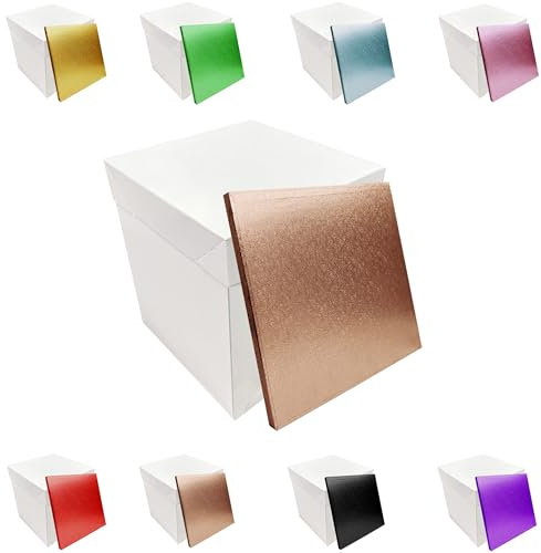 LARRYROO Tall White Extra Deep Cake Box + Lid & Square Colour Cake Drum Board Combo Pack for High Celebration, Wedding, Birthday Cakes (Rose Gold, 8 Inch)