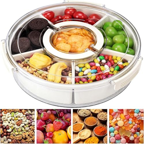 LATERN Bandeja de Servir Dividida con Tapa y Asa, 360° Rotación Contenedor de Almacenamiento de Alimentos Hermético con 6 Compartimentos Interiores para Refrigerios Ensaladas Frutas Verduras Carne
