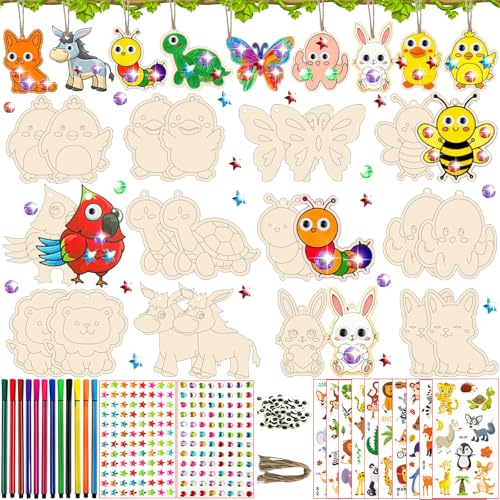 284PCS Holztiere Bastelset Kinder, Holztiere zum Bemalen – 24 Teile, 12 Verschiedene Formen, Basteln Kindergeburtstag, Holz Bastelset Kinder, Holz Basteln Kinder – Geschenk für Jungen/Mädchen