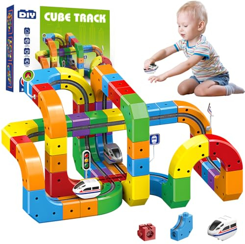 Vibbang 81pcs Clickrail Electric Train Set, Magic Rail Cube Train Sets, Track Fusion Toys, Magnetic Trains Diy Cube Track with Gravity-Defying Motorized Trains, Birthday for Kids