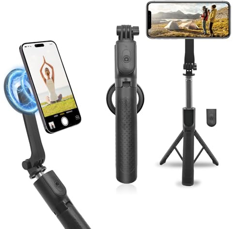 Gbformat Magnet Selfie Stick & Handy Stativ für Smartphone mit Abnehmbarer Fernbedienung und Magnetischer Ring, Ausziehbares 360° Rotations Telefonständer Kompatibel mit iOS, Android