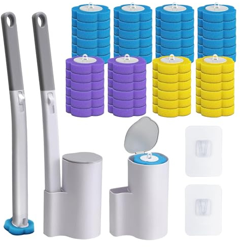 GANILITY Disposable Toilet Brush, 2 Pack Toilet Brush and 2 Holder Set with 48 Cleaner Refills, Bowl Toilet Brush with Wall Mounted Holder, for Toilet Bowl Cleaners, Bathroom Cleaning, Sink