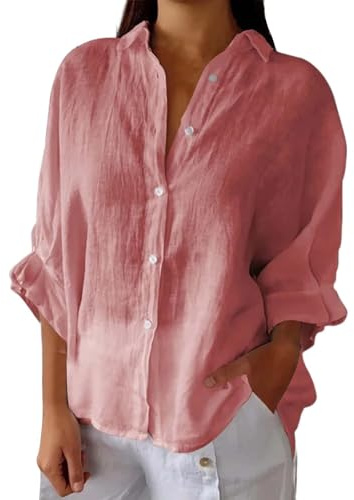 Blusa de lino para mujer verano manga larga blusa de algodón lino blusa con cuello de camisa camisa de lino ligera y aireada camisa de lino elegante camisa de botones camisa de playa camisa larga de