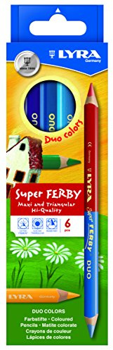 LYRA Super Ferby Duo Stifte 2-farbig lackiert Kartonetui 6 Stk. | Holzbuntstifte, dreikant, lackiert, Mine 6,3mm, sortierte Farben, Doppelfarben, 6 Stk. 12 Farben