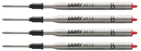 LAMY M16 4er Set Kugelschreiber-Großraummine aus Metall - Original Ersatzmine für alle Lamy Kugelschreiber Modelle - dokumentenecht - Strichbreite Breit in Tintenfarbe rot