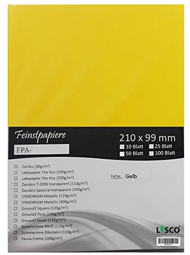 GMUND Transparentpapier DIN lang Farbe Gelb / LYSCO® Feinstpapierset mit 25 Blatt Inhalt (FPA-120) - bedruckbar, sehr gute Qualität, für Einladungen, als Einlegeblätter für Alben, Fotoalben, Fensterbilder, Bastelarbeiten uvm.