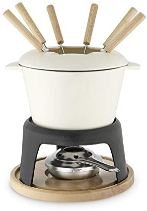 Twine Cast Iron Fondue Set with Metal Stand and Forks, Chocolate Melting Pot, Cheese Fondue Kit Set, Hosting Essentials 8.5, Off-Cream