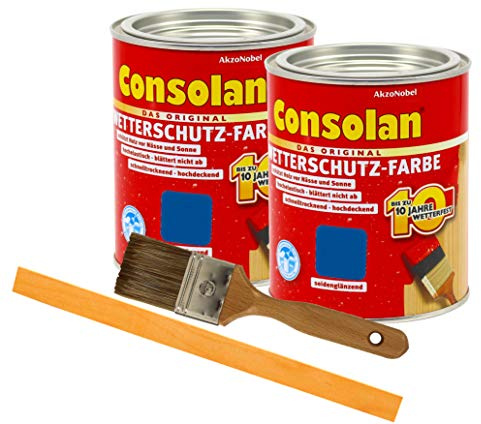 Consolan Wetterschutzfarbe deckend / 2x 0,75L / Holzschutzfarbe Holzfarbe bis zu 10 Jahre wetterbeständig für Holz und Zink Außen inkl. Pinsel & Rührstab (blau 212)