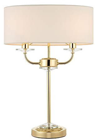 National Lighting Kennedy Modern Inline Switch Brass Table Lamp with Crystal Detail and White Fabric Shade