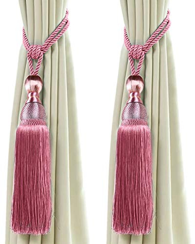 Derbway 2 Stück Vorhang Raffhalter, Vorhang Clips Seil Bindeband, Vorhang Schnalle Holdbacks mit Quaste Ball Vorhang Dekoration (Rosa)