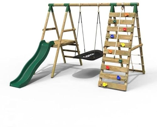 Rebo® Wooden Swing Set with Deck and Slide plus Up and Over Climbing Wall - Onyx Green | OutdoorToys | Sturdy Wooden Construction, Pressure Treated Timber