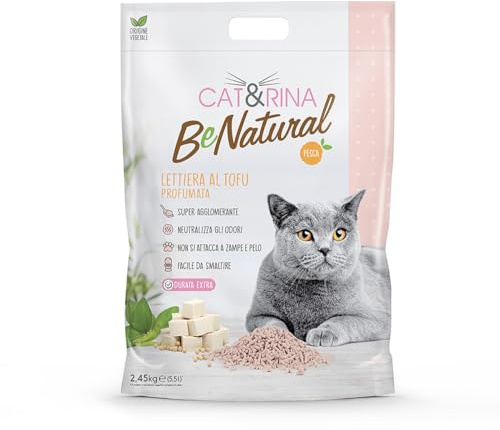 Cat&Rina BeNatural Tofu Katzenstreu, pflanzlich und stark klumpend. Biologisch abbaubar und in der Toilette entsorgbar.Bis zu 30 Tage Gebrauch. Katzenstreu mit Pfirsichduft, 5,5l