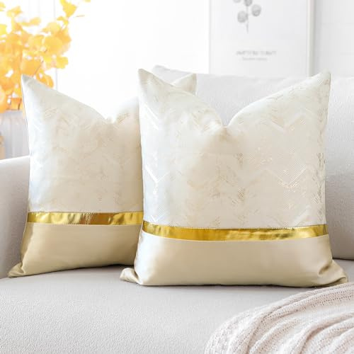 Artscope 2er Set Kissenbezug für Sofa Auto Schlafzimmer Luxuriöser Moderne Minimalist Goldenen Ledernähten Wellenstreifen Dekokissen Kissenhülle Kissen Fall 45x45cm (Beige)