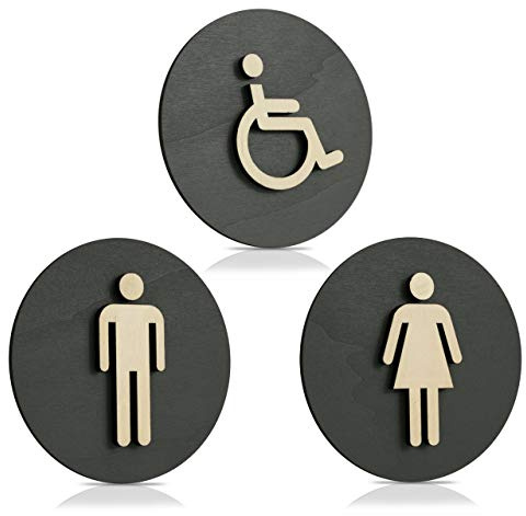 WC Schild Anthrazit Holz Toilettenschild Toilette Türschild Damen Herren (Damen Herren Behinderten, Ø 12cm)