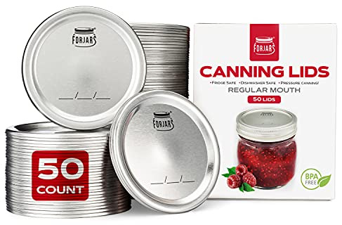 Konserveringslock, normal mun, 50-pack – skapa lufttäta tätningar på glasburkar för att bevara mat för måltider, beredning och matförvaring – 6 cm stållock med silikontätningar – konserveringstillbehör från FORJARS