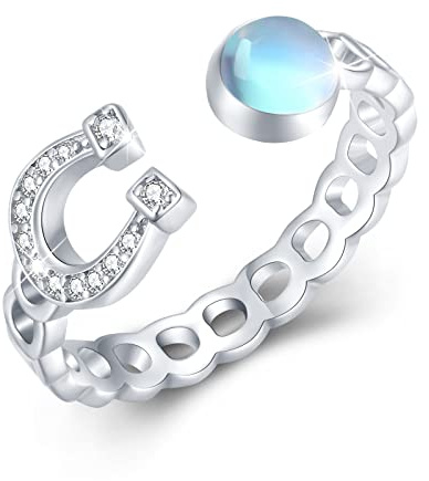 Mondstein Ring Pferd Ringe S925 Sterling Silber Hufeisen Verstellbarer Ring Tier Ring Pferde Verstellbarer Offener Ring Pferde Schmuck für Frauen Mädchen