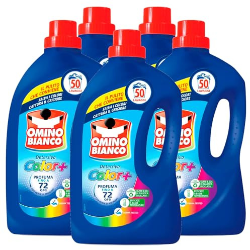 Omino Bianco - Detergente para lavadora líquido Color+ específico para prendas de colores, tecnología ahorra los colores y captura el grisor 50 lavados 2L - 5 botellas