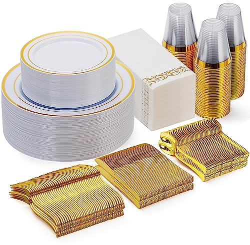 Goodluck 350 Pieces Gold Dinnerware Set for 50 Guests, Plastic Plates Disposable for Party, Include: 50 Gold Rim Dinner Plates, 50 Dessert Plates, 50 Paper Napkins, 50 Cups, 50 Gold Silverware Set