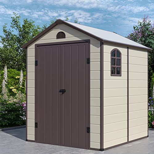 COSTWAY Abri de Jardin Extérieur 6.2 m³ avec Porte Verrouillable, Abri de Jardin PVC 3.1㎡ avec 2 Fenêtres, Toit en Pente, Cadre en Acier, Rampe pour Vélos, Outils, Cabane pour Jardin, Terrasse, Patio