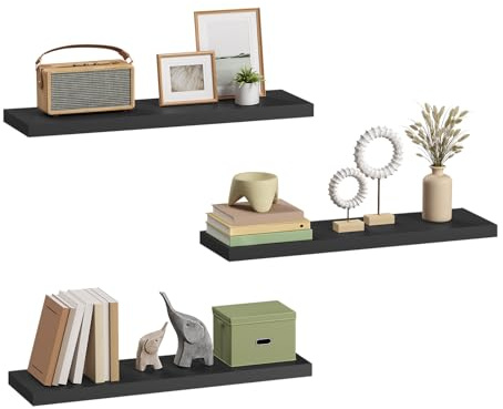 eSituro Set di 3 Mensole da Muro Nere in MDF, Mensole Cucina Salvaspazio, con Staffa Metallica Invisibile, per Soggiorno, Camera da Letto, Bagno, 70x22,9x3,8 cm