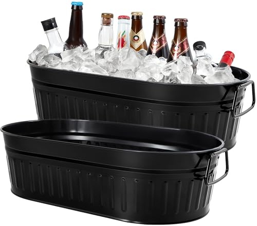 Lallisa 2 Pcs 5.3 gallons Galvanized Beverage Tub Galvanized Bucket Metal Ice and Drink Bucket with Handles Tub for Parties Farmhouse Home Pool Bar (Black)