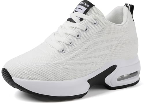 JAOOUU Baskets Compensées Femme Chaussure de Sport Plateforme Respirantes Sneakers Casual Lacets Chaussures Talon de Blanc 8cm