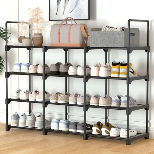 DICLLY Metall Schuhregal,3 Reihen,4 Schichten,135x28x75 cm,Platz für 18-24 Paar,DIY-Steckregal mit 4 Stützbeinen,Schuhständer für Flur,Wohnzimmer,Schlafzimmer,Platzsparende Schuhaufbewahrung