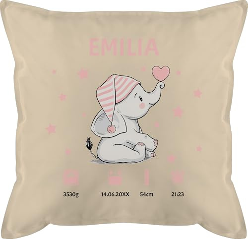 Kissen 50x50 - Elefant Geburtsdaten mit Name Geschenk zur Geburt Geschenkidee I Geldgeschenk zur Geburt - 50 x 50 cm - Beige Natur - Baby personalisierte Geschenke geburtskissen Geburtsgeschenk