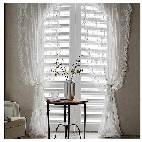 KnSam Vorhang Voile mit Kräuselband Weiß, Vintage Spiegel Muster Spitze Voile Vorhangschals aus Voile Polyester, 150x200CM(BxH)