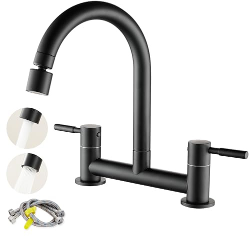 Bridge Kitchen Sink Mixer Tap, 2 Lever Sink Tap with 2 Mode Sprayer, Black | 2 Hole Deck Mounted (180mm Centres), 1/4 Turn, 360° Swivel Spout, Flexible Tails, Quick Installation, Brass