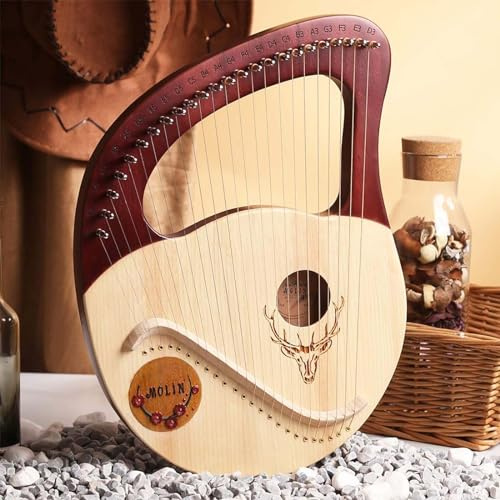 FJAUOQ Lyre Harfe Kleine Harfe Instrument 21 24 Saiten Lyre Harfe Mahagoni Laugenharfe mit Metall Saiten Tragbare Harfe im Antiken Stil mit Stimmschlüssel Elch Muster,F 24 string